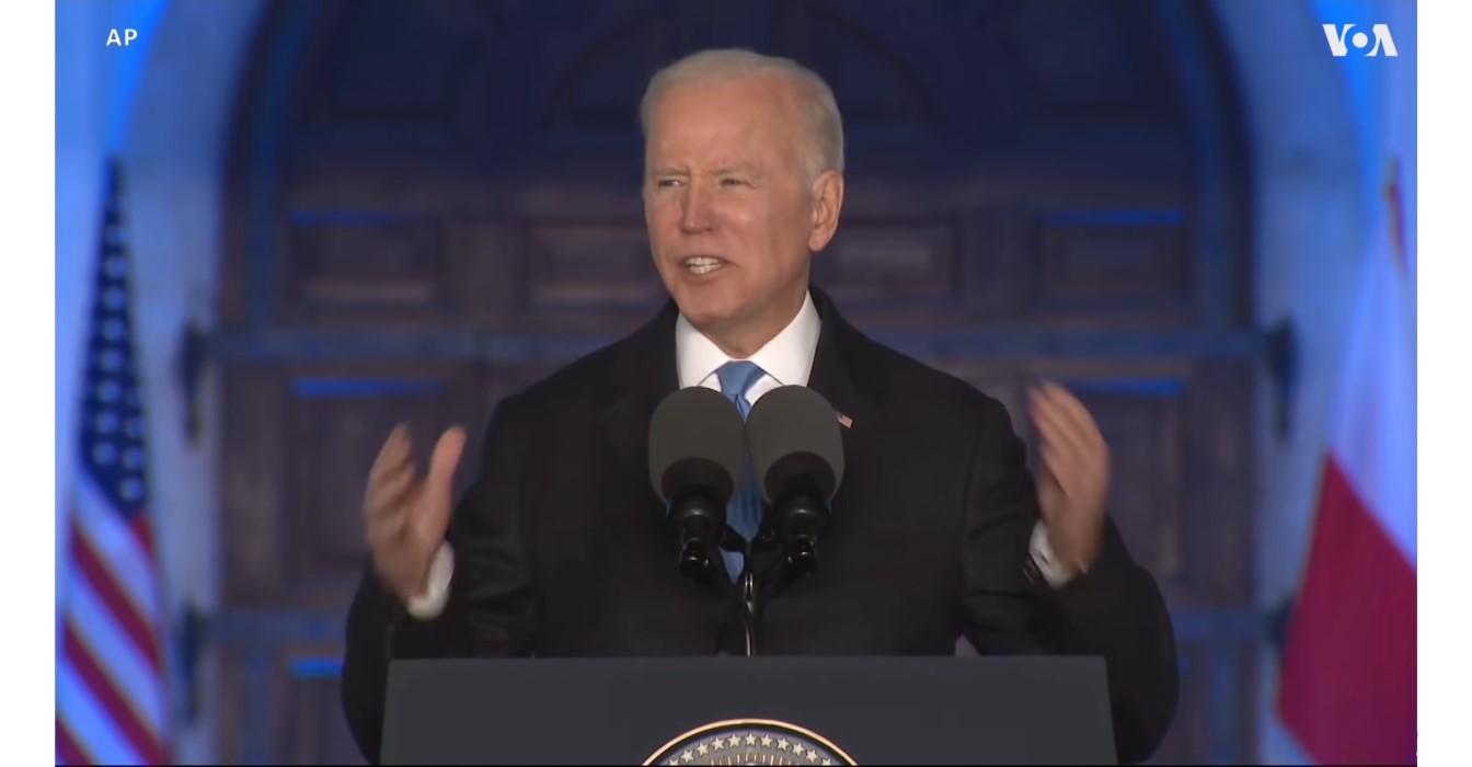 US President Biden speaking on the united efforts of the free world to support Ukraine in Warsaw, Poland on 26 March 2022 (Credit: screen capture)