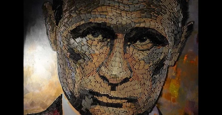 A portrait of Russian President Vladimir Putin by Ukrainian artist Darya Marchenko is made from 5,000 used bullet cartridges collected at the Russo-Ukrainian front in eastern Ukraine. The portrait is named "The Face of War." The portrait was presented along with a novel which tells personal stories of six people involved in this project including Darya's own story and stories of people who helped her to collect the bullet shells at the frontline. She calls her art approach philosophic symbolism where every element has its hidden meaning. In her works each used bullet cartridge stands for a human life that was brutally ended by Putin's military invasion into Ukraine. (Image: dashart.com.ua)