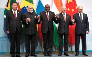(left to right) Presidents Xi Jinping of China, Narendra Modi of India, Cyril Ramaphosa of South Africa, Michel Temer of Brazil, Vladimir Putin of Russia at the 2018 BRICS summit. Photo: kremlin.ru