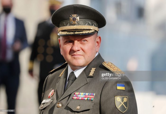 Commander-in-Chief of the Armed Forces of Ukraine Valeriy Zaluzhnyi waits before a meeting with US Defense Secretary and other officials in Kiev on October 19, 2021. (Photo by GLEB GARANICH / POOL / AFP) (Photo by GLEB GARANICH/POOL/AFP via Getty Images)
