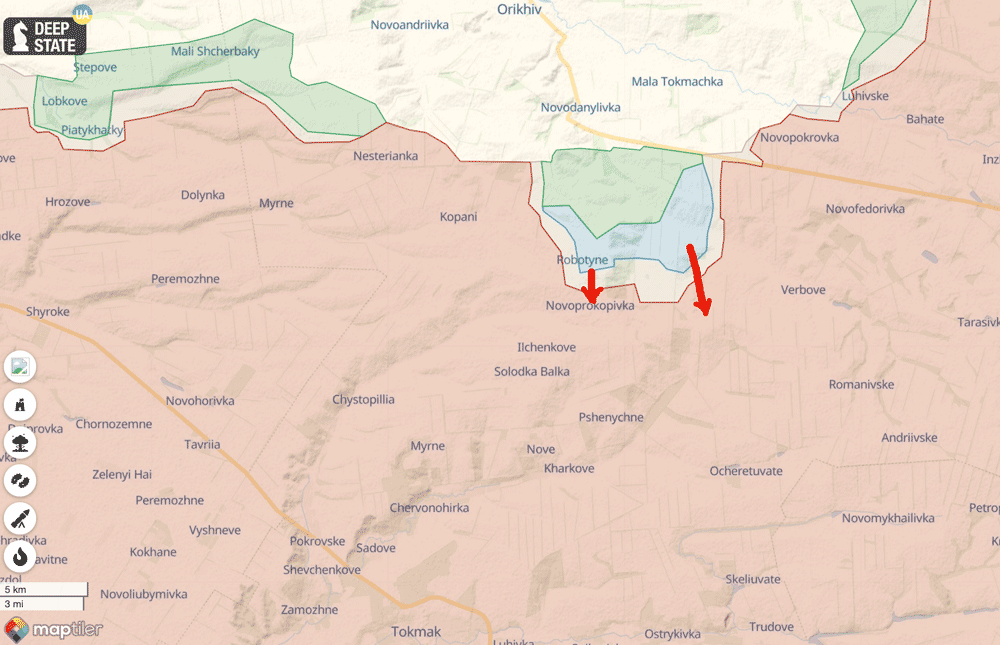 Situation in the area of Robotyne, the southern front as of 27 August 2023. Map: Deepstatemap