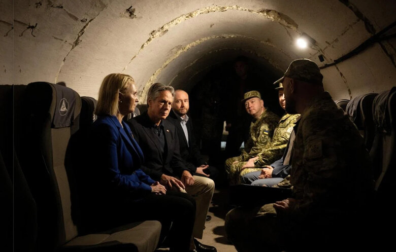 US Secretary of State Antony Blinken tours a State Border Guard site in the Kyiv Oblast, Ukraine, on September 7. Brendan Smialowski/AP