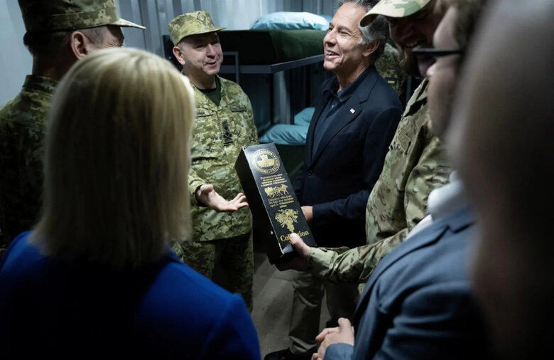 US Secretary of State Antony Blinken tours a State Border Guard site in the Kyiv Oblast, Ukraine, on September 7. Brendan Smialowski/AP