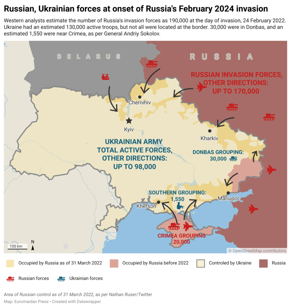 Russian, Ukrainian forces at onset of Russia's February 2024 invasion