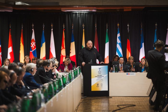 Ruslan Stefanchuk speaking at the second Parliamentary Summit of the Crimean Platform in Prague.