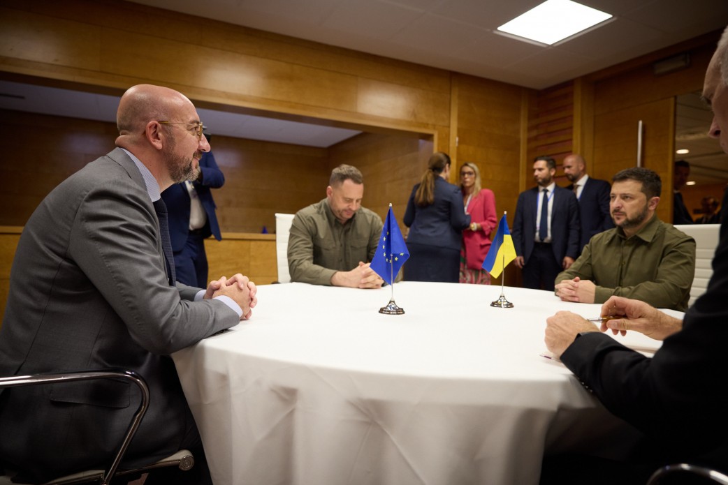 Ukrainian President Volodymyr Zelenskyy during a meeting with President of the European Council Charles Michel in Granada, Spain, on 5 October, 2023. Source: president.gov.ua