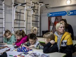 Ukrainian teachers teach children in school