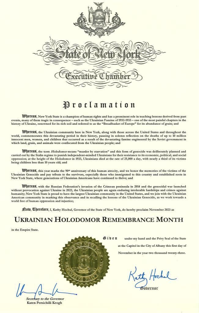 New York proclaimed November 2023 as Ukrainian Holodomor Remembrance Month