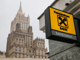 A logo of the Raiffeisen bank in front of the Russian Ministry of Foreign Affairs in Moscow. File photo: TASS
