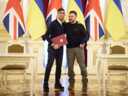 Ukriane's President Volodymyr Zelenskyy and UK Prime Minister Rishi Sunak after signing the Ukraine-UK security agreement in Kyiv on 12 January 2024.