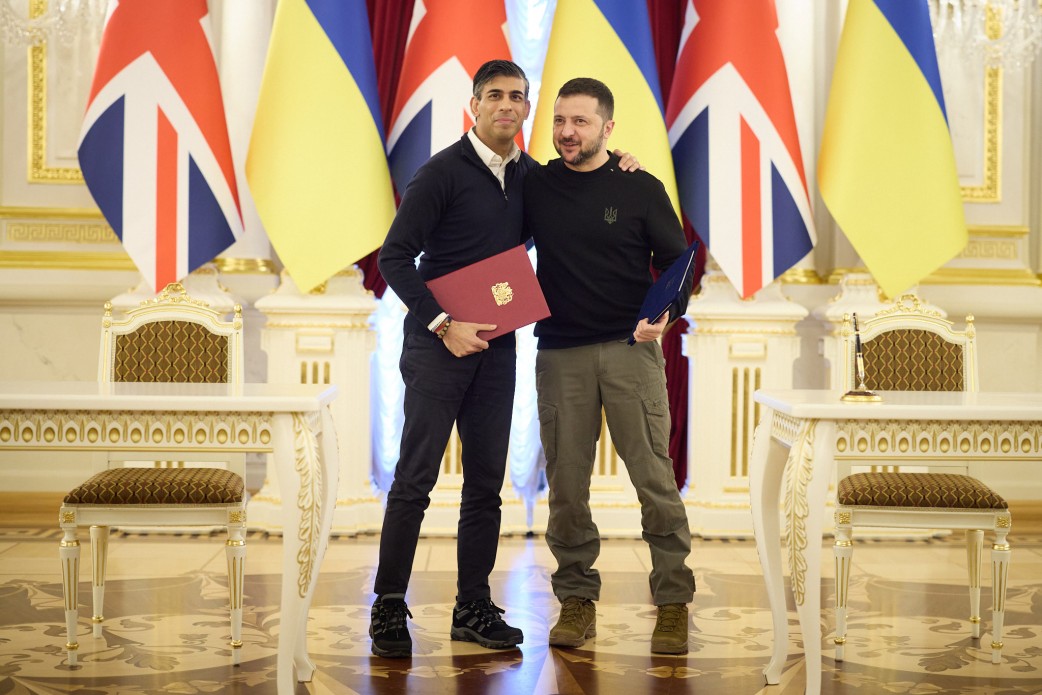 Ukriane's President Volodymyr Zelenskyy and UK Prime Minister Rishi Sunak after signing the Ukraine-UK security agreement in Kyiv on 12 January 2024.