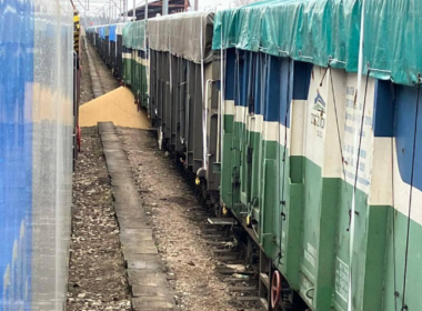 damaged train with Ukrainian agricultural products at Polish railway station