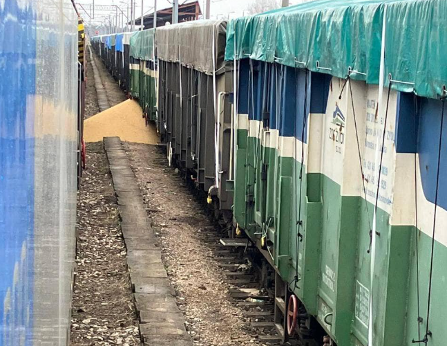 damaged train with Ukrainian agricultural products at Polish railway station