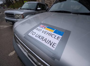 One of the pickup trucks Ukraine received from British farmers