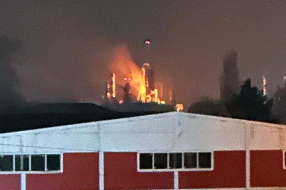 Russian oil refinery on fire in Krasnodar Krai, following a drone attack.