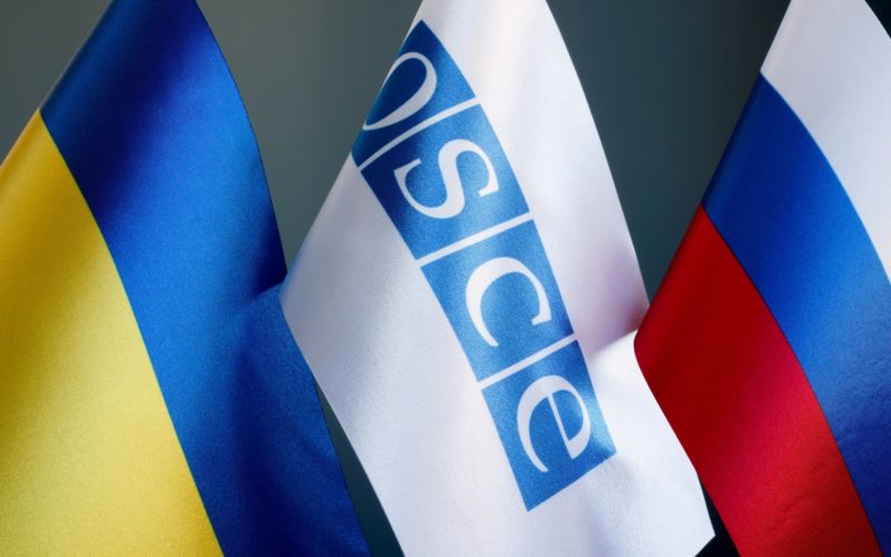 Ukrainian, OSCE, Russian flags