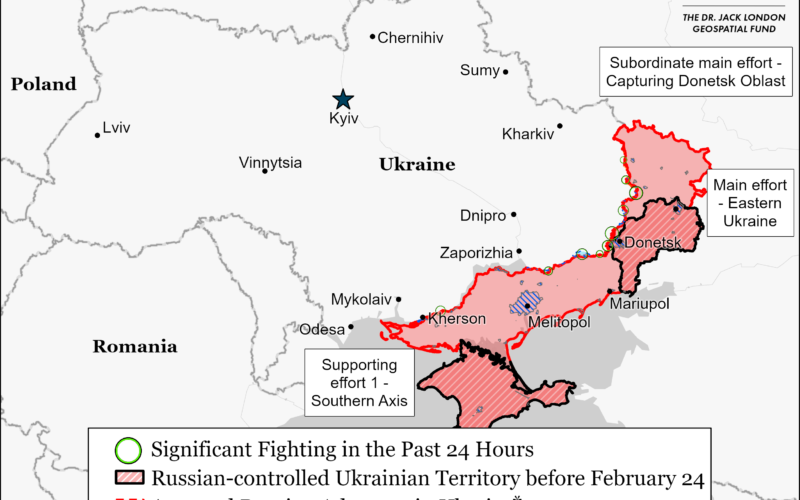 map of the occupied territories of Ukraine and significants fighting spots as per 4 April, 2024