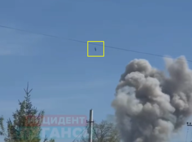 A cruise missile over Luhansk on 13 April 2024. Screenshot from a video posted by the Incident Luhansk Telegram channel