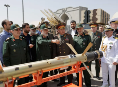 IRGC aerospace chief Hajizadeh showed Russian Security Council Secretary Sergey Shoigu an array of Iranian arms, including the Shahed-136 kamikaze drone in 2023. Photo: Russian Defense Ministry