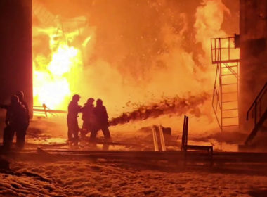 Russian firefighters working to extinguish a fire at an oil depot in the Kursk region after a drone attack. Illustrative image. Photo via Eastnews.ua.