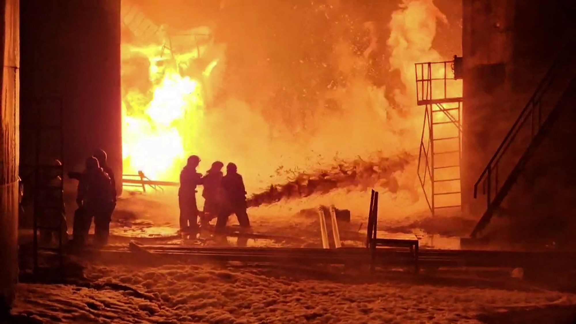 Russian firefighters working to extinguish a fire at an oil depot in the Kursk region after a drone attack. Illustrative image. Photo via Eastnews.ua.