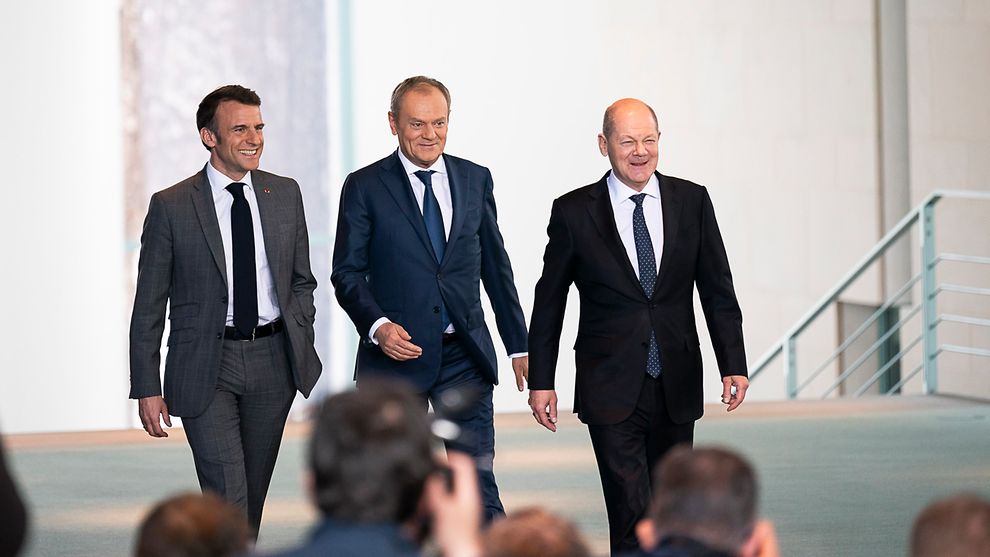 Macron Tusk Scholz in Berlin Weimar triangle