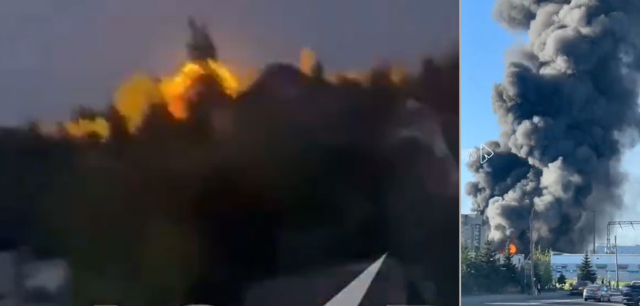 alleged ukrainian drones target occupied crimea oil facilities russias krasnodar krai st petersburg explosion refinery slavyansknakubani fire depot russia 19 may 2024 screenshots from socila media videos explosionsrussiakrasnodarpiter