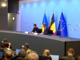 zelenskyy tours melsbroek base meets ukrainian f-16 pilot trainees president volodymyr (l) belgian prime minister alexander de croo (r) press conference after signing security agreement brussels 28 may 2024