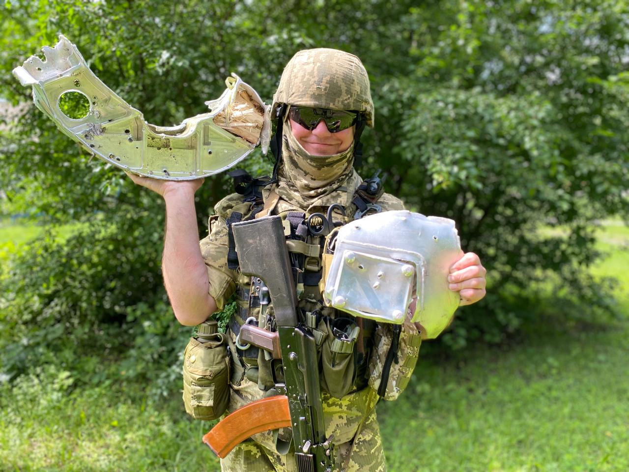 Ukrainian soldier Serhii is holding fragments of a Russian missile. Source: Ukraine's Air Force