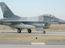 An F-16 fighter jet at Romania's 86th military air base