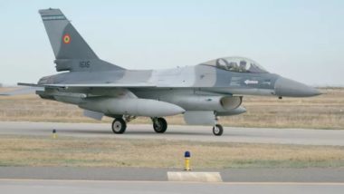 An F-16 fighter jet at Romania's 86th military air base