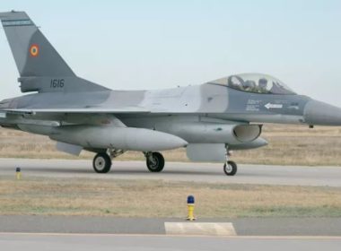 An F-16 fighter jet at Romania's 86th military air base