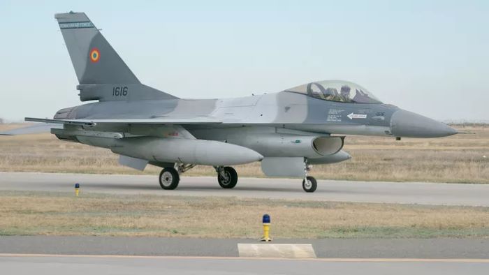 An F-16 fighter jet at Romania's 86th military air base