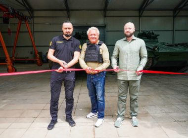 first joint rheinmetall-ukroboronprom armored production site operational ukraine ukraine's strategic industries minister oleksandr kamyshyn (left) rheinmetall ceo armin papperger (center) opening ceremony facility 10 june 2024 telegram/zalizni_zminy