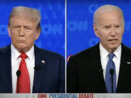 A screenshot from a video Biden and Trump in the First 2024 Presidential Debate