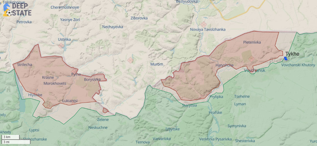 isw ukrainian liberated tykhe village east kharkiv's vovchansk advanced elsewhere area northern kharkiv oblast's map (marked blue) map-tykhe