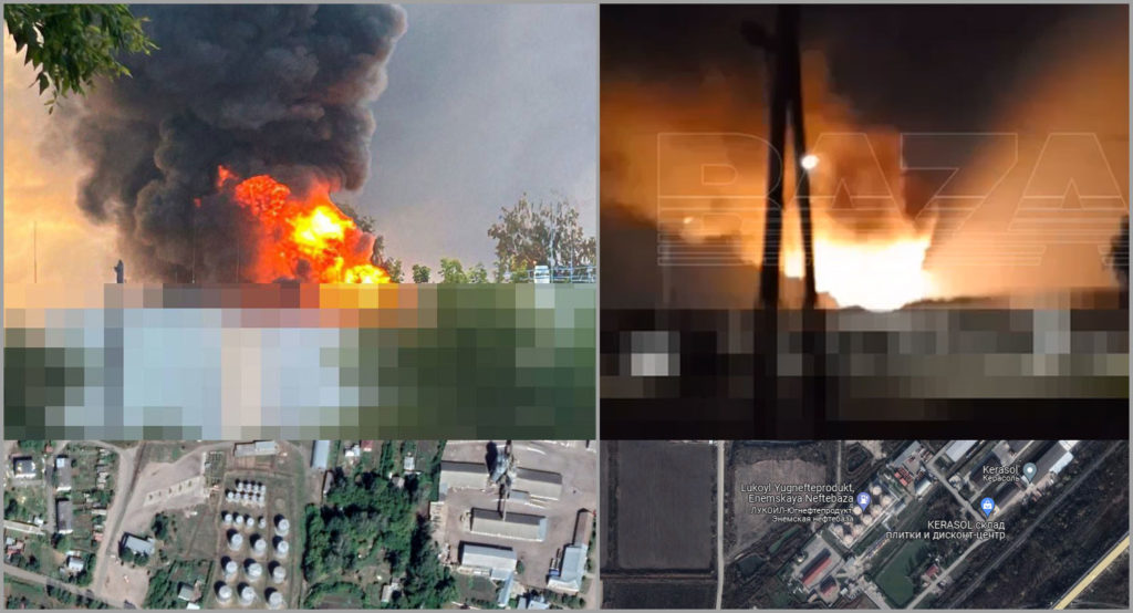two russian oil refineries fire tambov oblast fires depots russia's (left) adygea (right) after adone attacks overnight 20 june 2024 photos baza google earth tamdov-adygea-oil-depots-ablaze