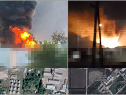 two russian oil refineries fire tambov oblast fires depots russia's (left) adygea (right) after adone attacks overnight 20 june 2024 photos baza google earth tamdov-adygea-oil-depots-ablaze