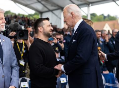 zelenskyy and biden during the commemoration of the anniversary of the Allied landings in Normandy