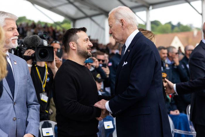zelenskyy and biden during the commemoration of the anniversary of the Allied landings in Normandy