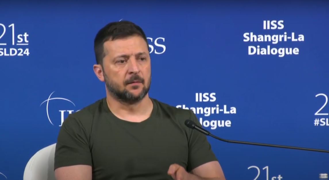 zelenskyy says 106 countries take part ukraine peace summit russia uses china disrupt event ukraine's president volodymyr shangri-la dialogue singapore 2 june 2024 screenshot youtube/iiss iiss