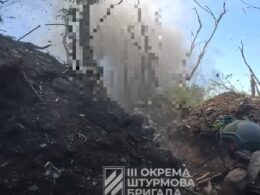 The Ukrainian Third Assault Brigade under fire, screenshot from the Reporting from Ukraine video.