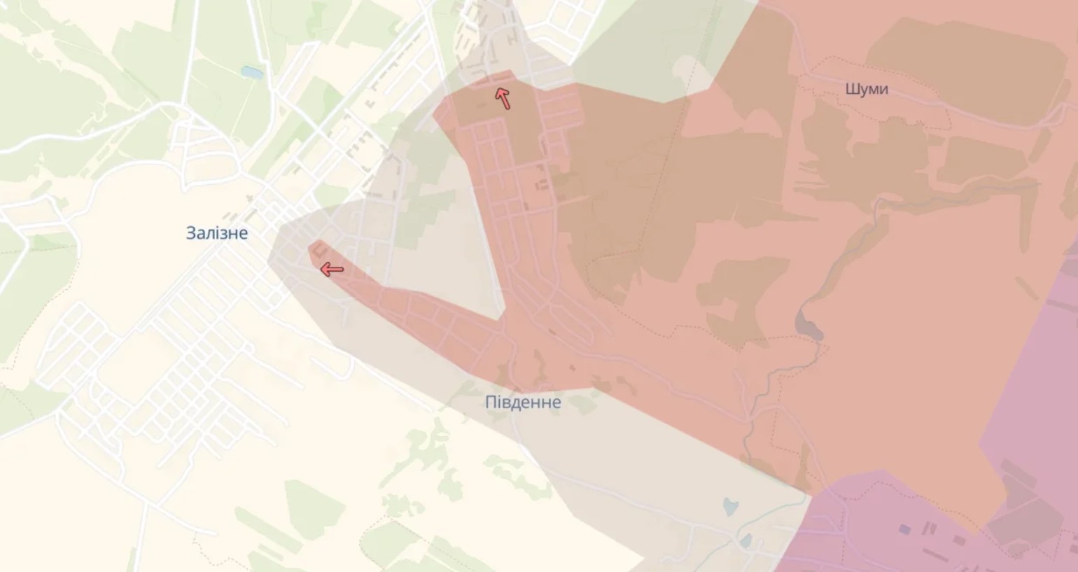 A screenshot from DeepState map, showing the Russian advance at Zalizne.