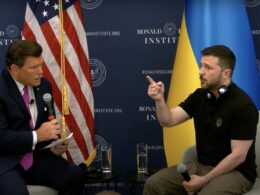 Ukrainian President Volodymyr Zelenskyy speaks at the Ronald Reagan Institute in Washington, DC.