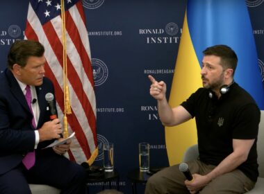 Ukrainian President Volodymyr Zelenskyy speaks at the Ronald Reagan Institute in Washington, DC.