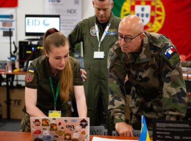 Ukrainian and NATO defense officials at the presentation of the DELTA combat system. Photo via Ukraine's Ministry of Defense.