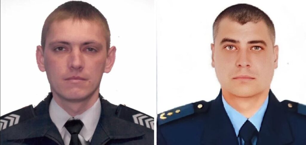 Head of the Kharkiv State Emergency Services Artem Kostyria and a police officer Oleksiy Koshchii