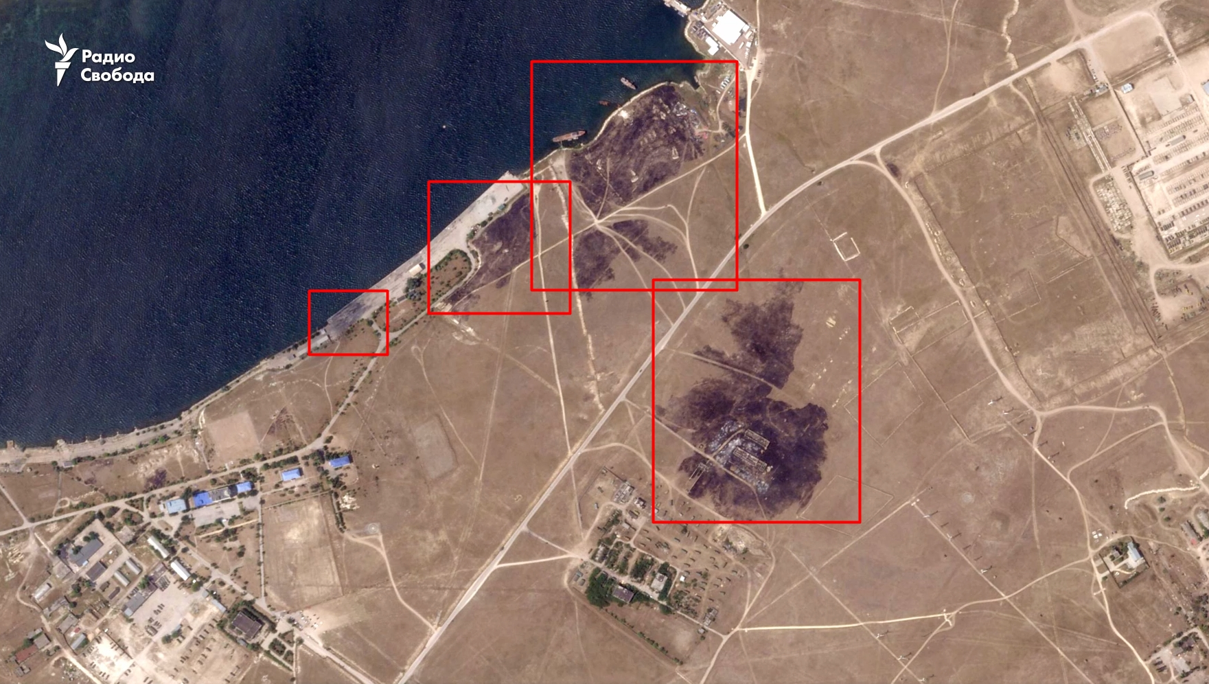 satellite imagery shows damage russia's naval base patrol boat crimea affected sites russian lake donuzlav occupied after ukraine's july 18 drone attack radio svoboda credits