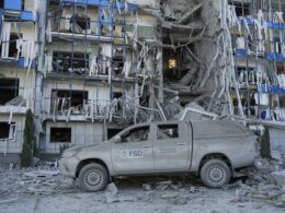 damaged office of a foundation that deals with humanitarian demining with a missile in Kharkiv