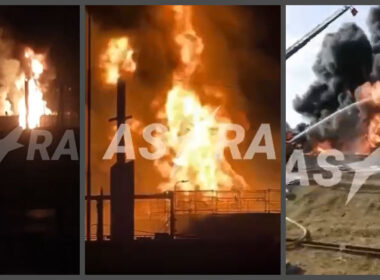 ukraine attacks two oil depots southern russia fires stanitsas (villages) pavlovskaya leningradskaya russia's krasnodar krai 6 july 2024 screenshots telegram/astra krasnodar-krai-russia-oil-depot-fires